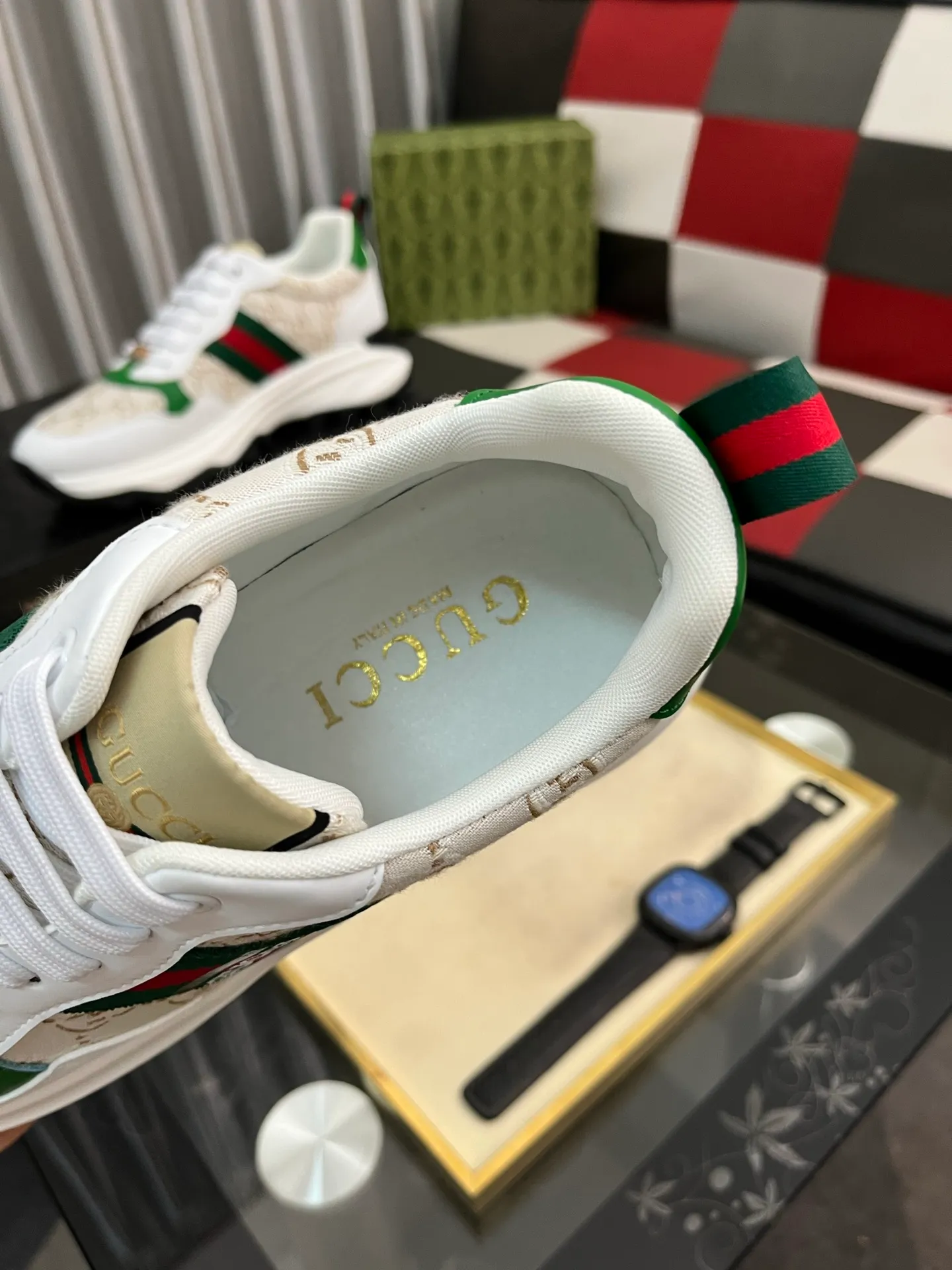 Men's shoes 💰458⌚️⌚️ Gucci •Gucci original quality. ~ Unique modern style sneakers. 🏃A must-have casual shoe for trendy men😍😍 Original brand imported from Italy, imported original leather, sheep lining (refuses to discolor and grind feet) Sole: Original sole provided by the original factory, French lazy style design ⚠️Fit to the feet, original quality attached, super comfortable original sole, code number: 38-444️⃣Colors available